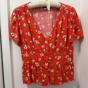🧡Feminine and flirty Orange Floral V-Neck Peplum Blouse🧡